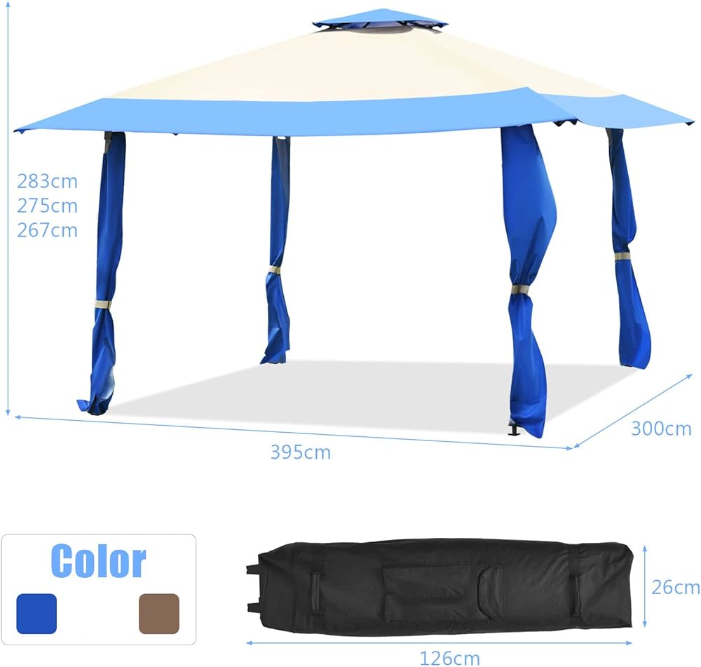 Canopy Tent, Gazebo Canopy w/ 2-Tier Roof, Silver-Coated Oxford Fabric & Powder-Coated Steel, 3 Adjustable Heights, Ideal for Yard, Patio, Beach & Park 393cm x 393cm