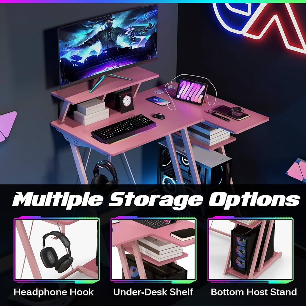 L-Shaped Gaming Desk with Outlets & USB Ports, Small Computer Desk with Monitor Shelf, Headphone Hook, Storage Shelf & Host Stand, Corner Gamer Desk with Carbon Fiber Texture