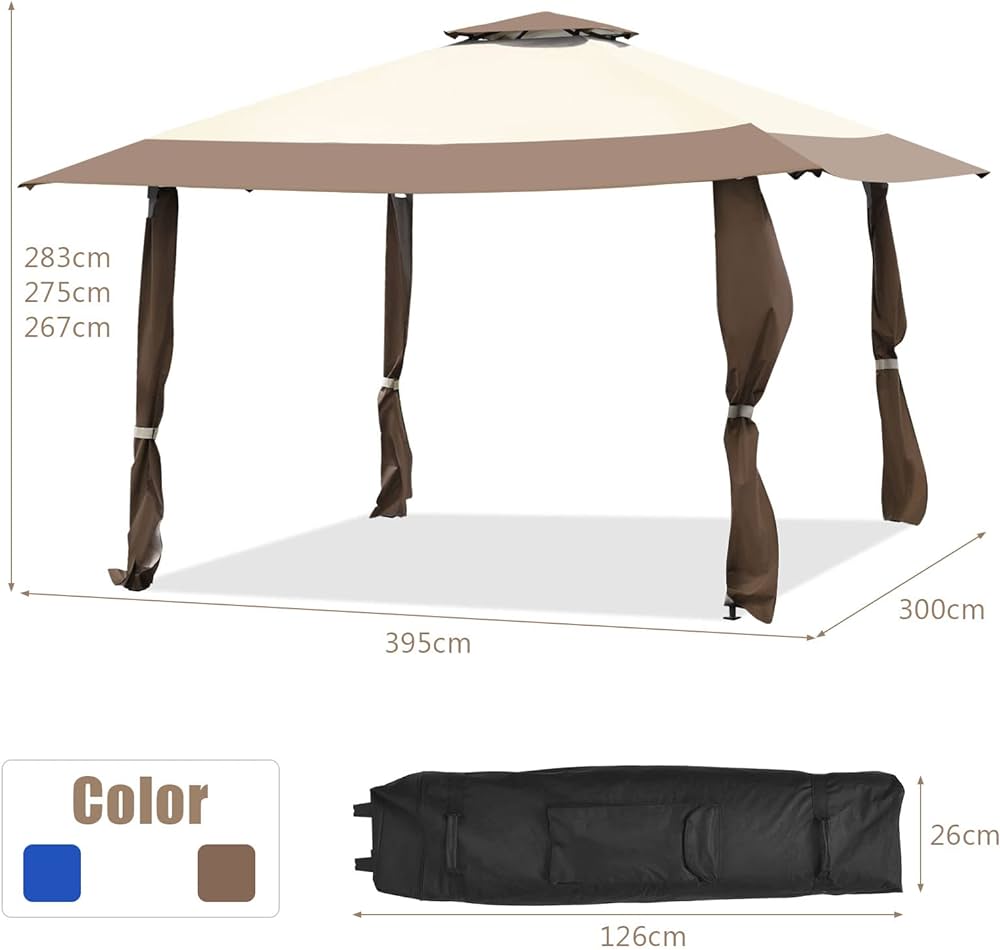 Canopy Tent, Gazebo Canopy w/ 2-Tier Roof, Silver-Coated Oxford Fabric & Powder-Coated Steel, 3 Adjustable Heights, Ideal for Yard, Patio, Beach & Park 393cm x 393cm