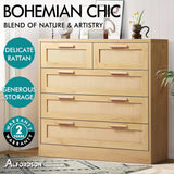 Rattan Dresser with 5 Drawers Hallway Tallboy, Bedroom Chests of Drawers with Handles, Living Room Side Cabinet Standing Storage Cupboard, Home Furniture Organiser Sideboard, Wood Colour