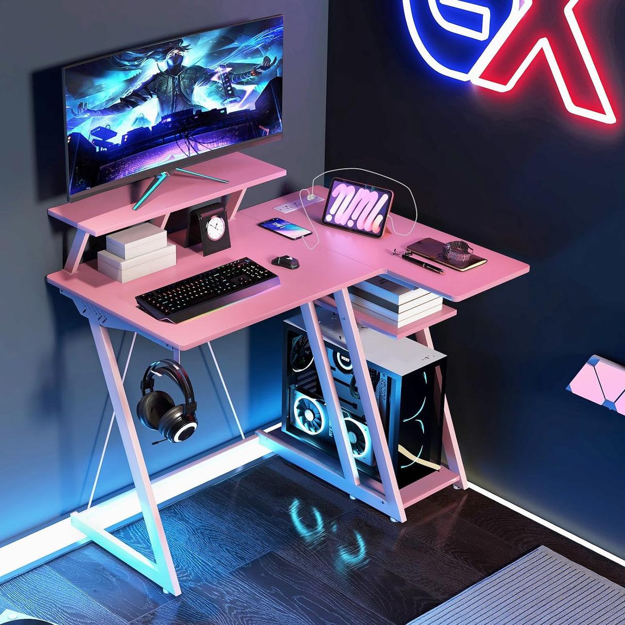 L-Shaped Gaming Desk with Outlets & USB Ports, Small Computer Desk with Monitor Shelf, Headphone Hook, Storage Shelf & Host Stand, Corner Gamer Desk with Carbon Fiber Texture