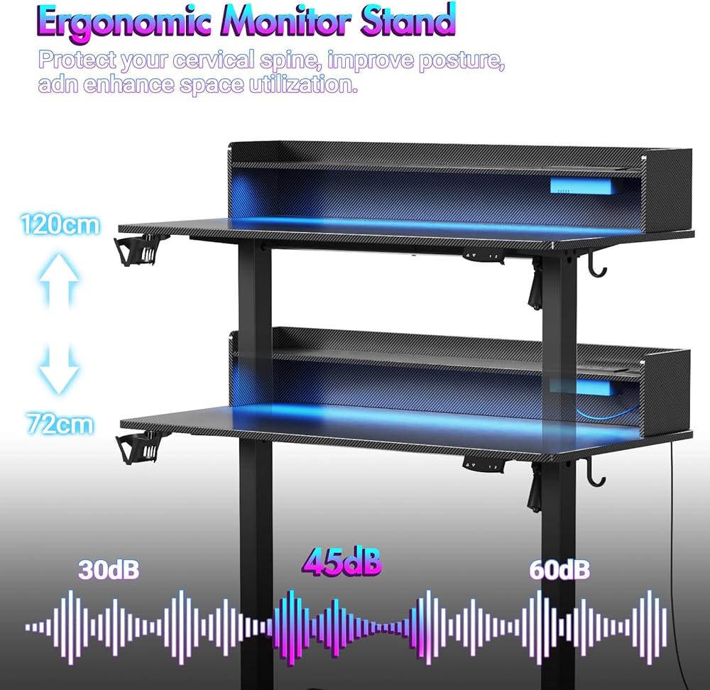 Electric Standing Desk, Adjustable Height Sit Stand up Desk with Monitor Stand, 120cm Whole Piece Desktop Black Desktop+Black Frame