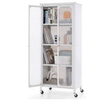 Glass Doors Storage Cabinet w/Wheels, Mobile 2 Doors Food Pantry Cupboard Cabinet, Bookcase Bookshelf w/Adjustable Shelves, Kitchen Sideboard Bathroom Cabinet for Dining Room, Living Room