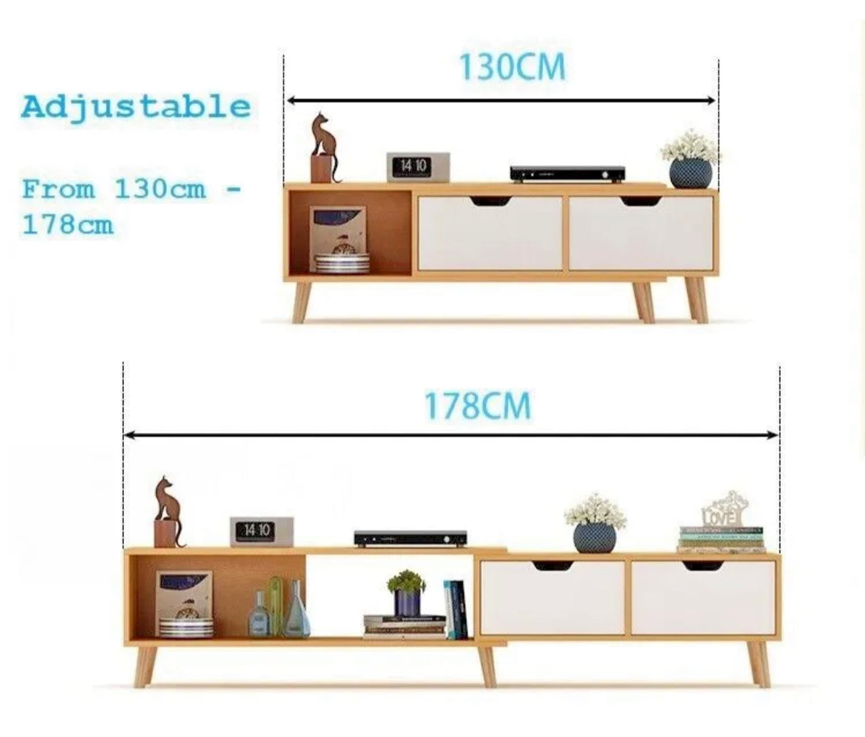 130-178cm Adjustable TV Cabinet Entertainment unit with drawer and storage