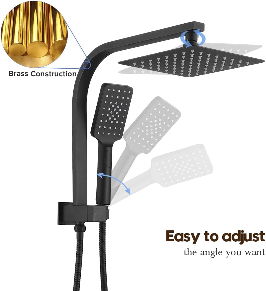 Twin Shower Head Rail Set Square Gooseneck Shower Arm 8" Rain Shower Head 3-Mode Handheld Brass 2 in 1 Diverter