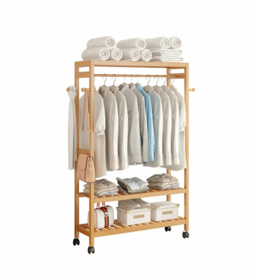 Heavy Duty Wooden Clothes Rail Rack Garment Stand Corner Open Wardrobe w/ Wheels