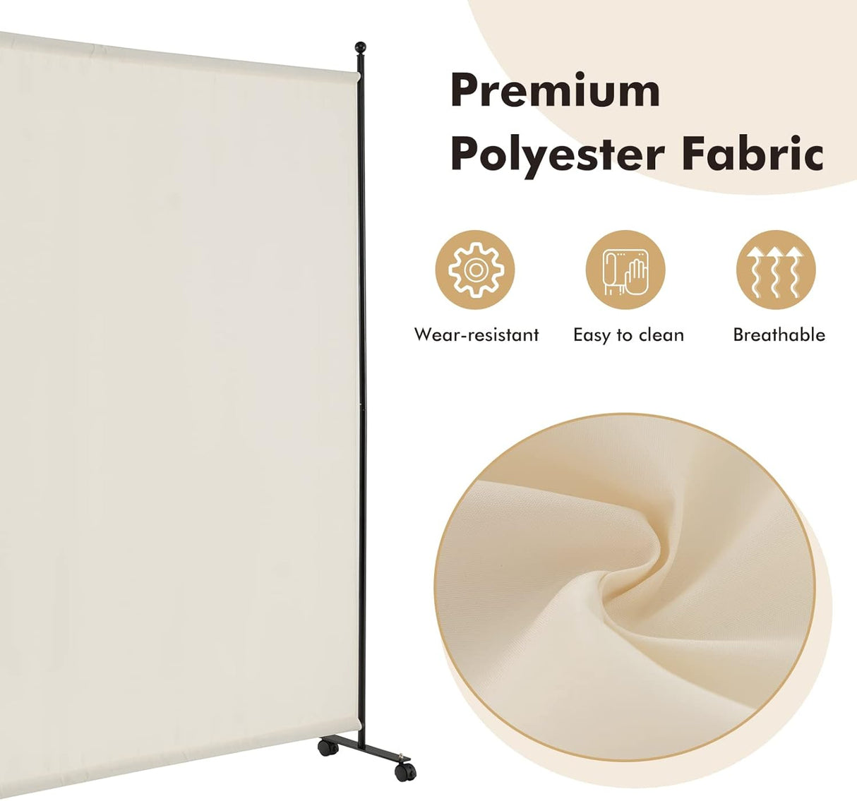 Single Panel Room Divider with Wheels, Freestanding Fabric Room Divider for Partition Privacy Screen, Rolling Wall Divider for Home Office, Restaurant, Hospital, School