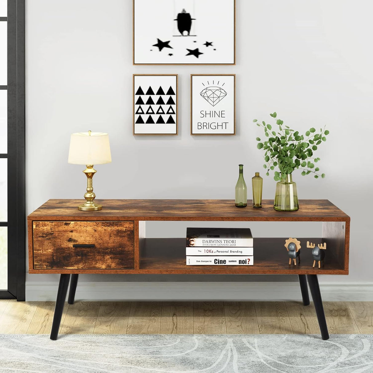 Choice Mid Century Coffee Table for Living Room, 109 cm Rectangular Wooden TV Stand Entertainment Center w/ 1 Drawer & Open Shelf, Modern Accent Cocktail Sofa Table