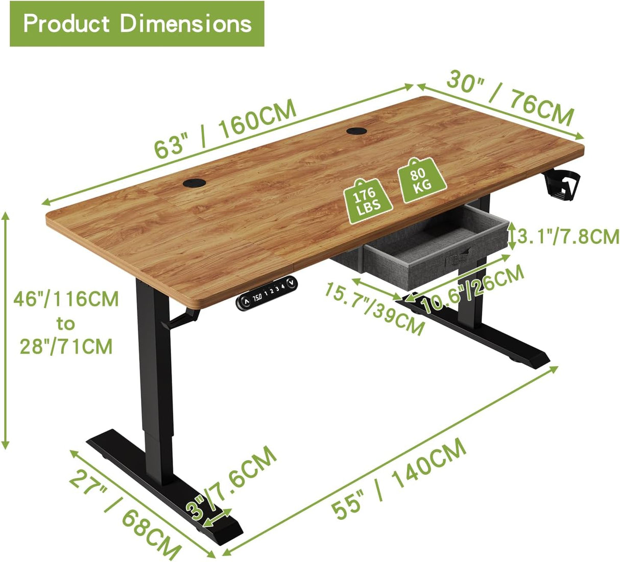 Height Adjustable Electric Standing Desk with Drawer, 63 x 30 Inch (160x76CM) Stand Up Table, Computer Desk Splice Board, Home Office Computer Ergonomic Desk