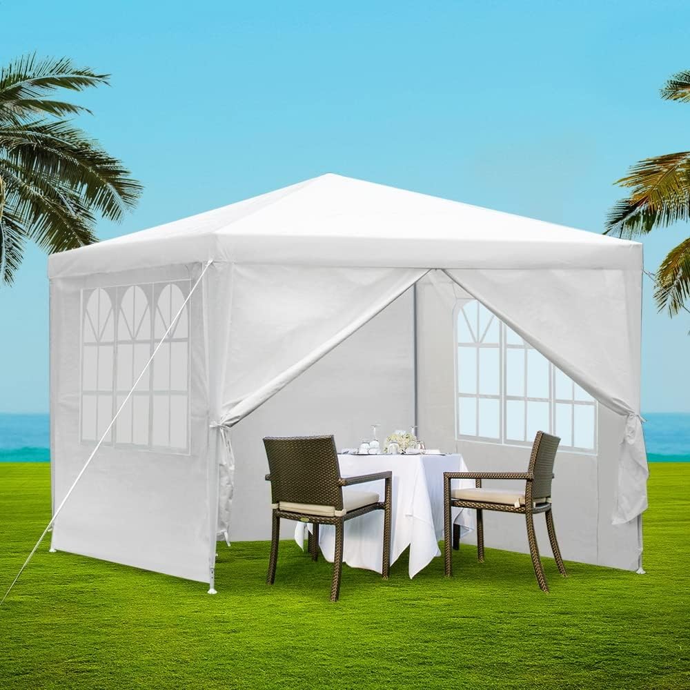 3x3 Marquee Gazebo, Camping Tent Wedding Gazebos Garden Shed Outdoor Party Canopy Patio Carport Car, White 4 Window Wall Carry Bag Water Resistant and UV