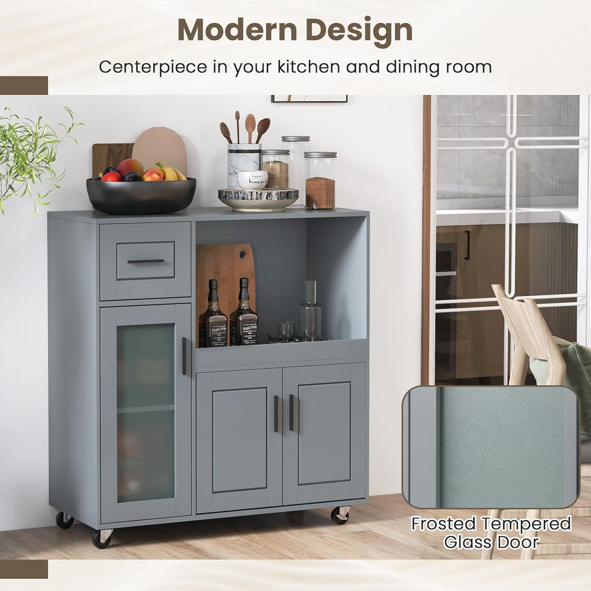 Rolling Kitchen Island with Wheels, Kitchen Cart with Drawer and Glass Door Storage Cabinet, Buffet Sideboard Cabinet Portable Kitchen Island with Microwave Shelf, Grey