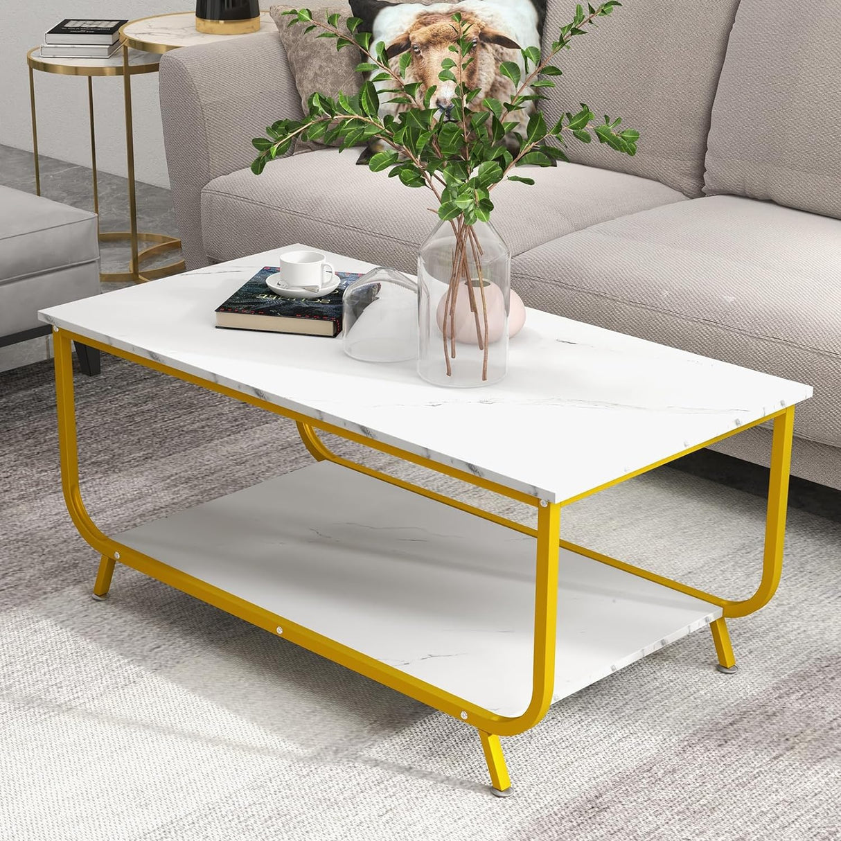 Marble Coffee Table, 2-Tier Faux Marble Top Coffee Table w/Metal Frame, Rectangular Living Room Table w/Storage Shelf, Sofa Side Table, Accent Table for Living Room, Office, Balcony