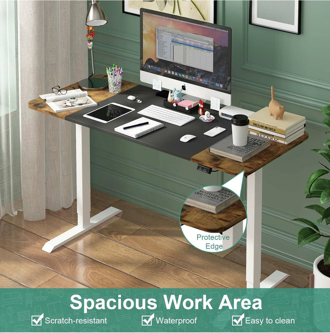 Electric Standing Desk Height Adjustable Motorised Sit Stand Desk 120cm Splice Board Home Office Workstation Black+Walnut Table Top+ White Frame