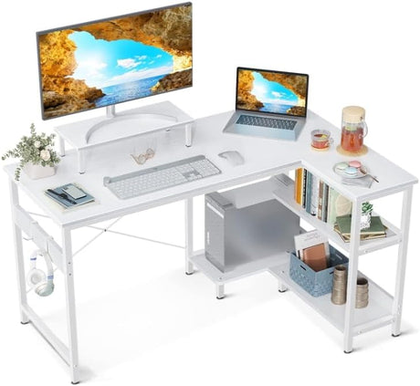 L Shaped Computer Desk with Reversible Storage Shelves, L-Shaped Corner Desk with Monitor Stand for Small Space, Modern Simple Writing Table for Home Office Desk, 100 * 74cm