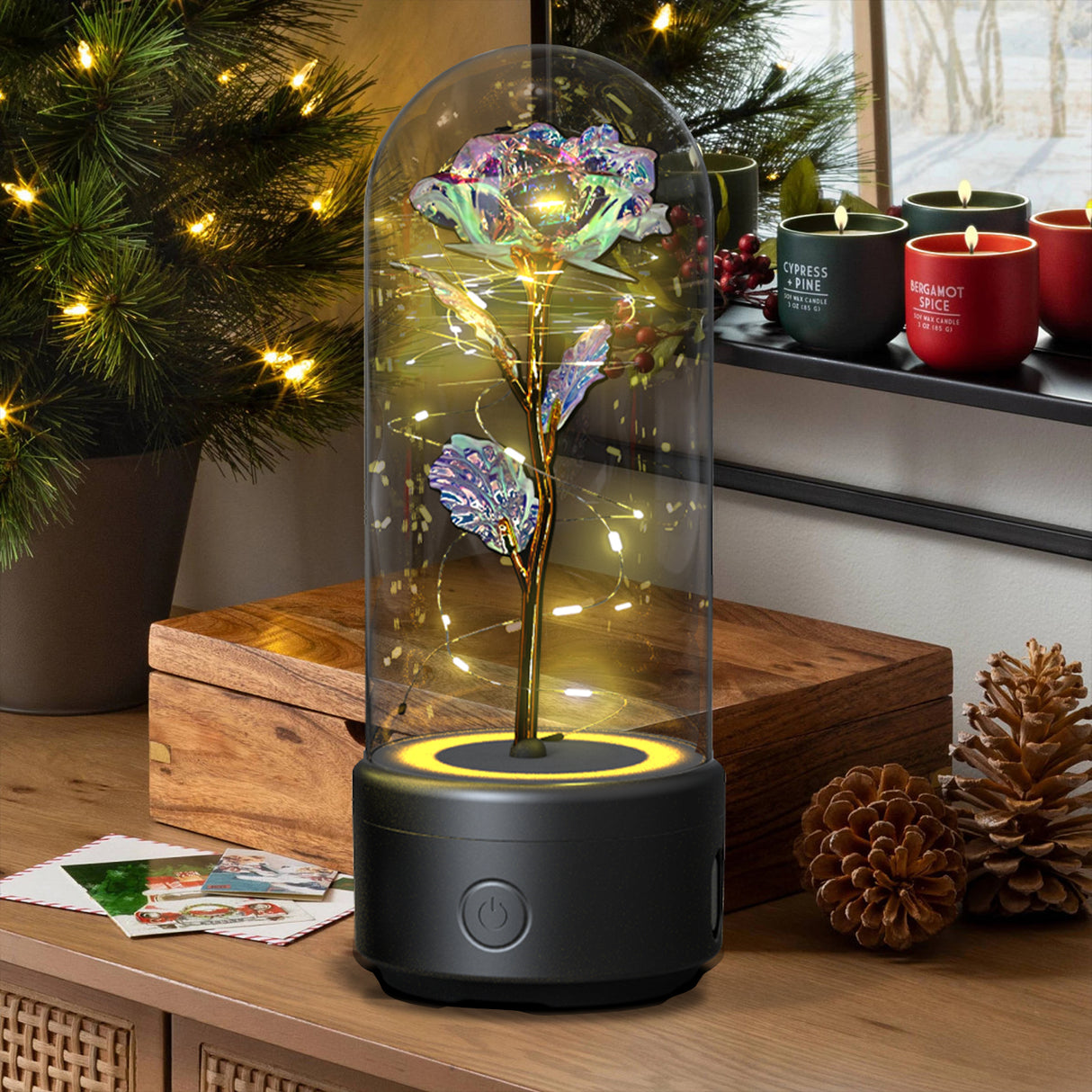 Creative 2 In 1 Rose Flowers LED Light And Bluetooth Speaker Valentine's Day Gift Rose Luminous Night Light Ornament In Glass Cover