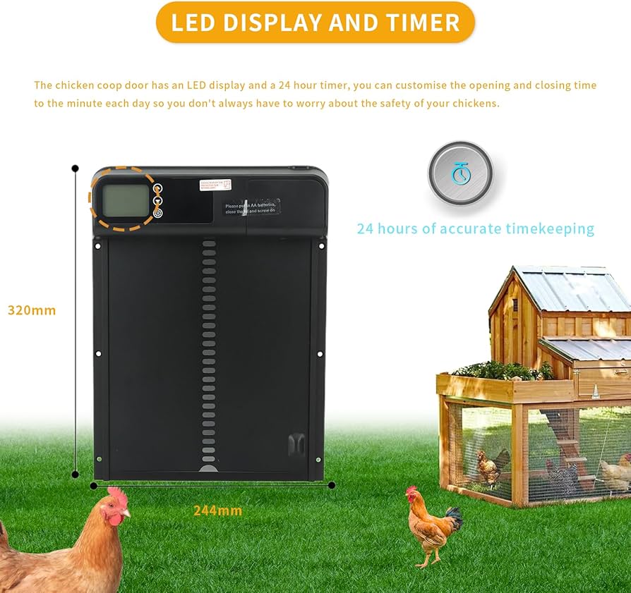 Chicken Coop Automatic Door, Chicken Automatic Door, Automatic Chicken Coop Door with Timer Aluminum Alloy Ip45 Waterproof Led Display Battery Powered Auto Chicken Door Opener