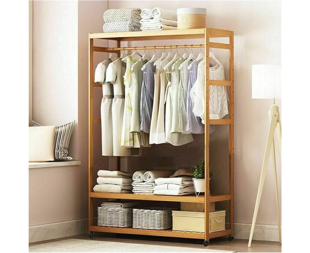 Heavy Duty Wooden Clothes Rail Rack Garment Stand Corner Open Wardrobe w/ Wheels