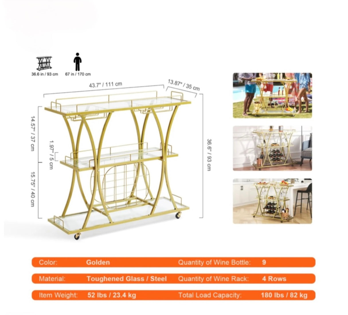 3 Tiers Gold Metal Bar Serving Cart with Wine Rack Glass Holder 180 LBS