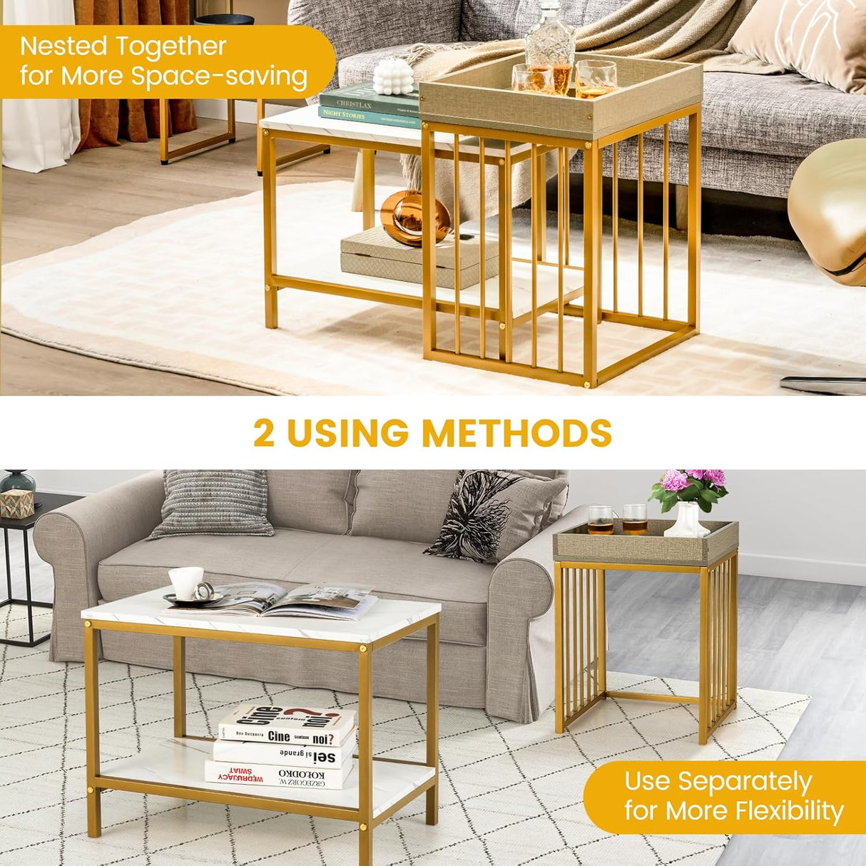 Nesting Coffee Table Set of 2, Faux Marble Coffee End Table Set with Top Tray & Steel Frame, Accent Couch Snack Table for Small Space, Nightstand Side Table Set for Living Room Bedroom & Study