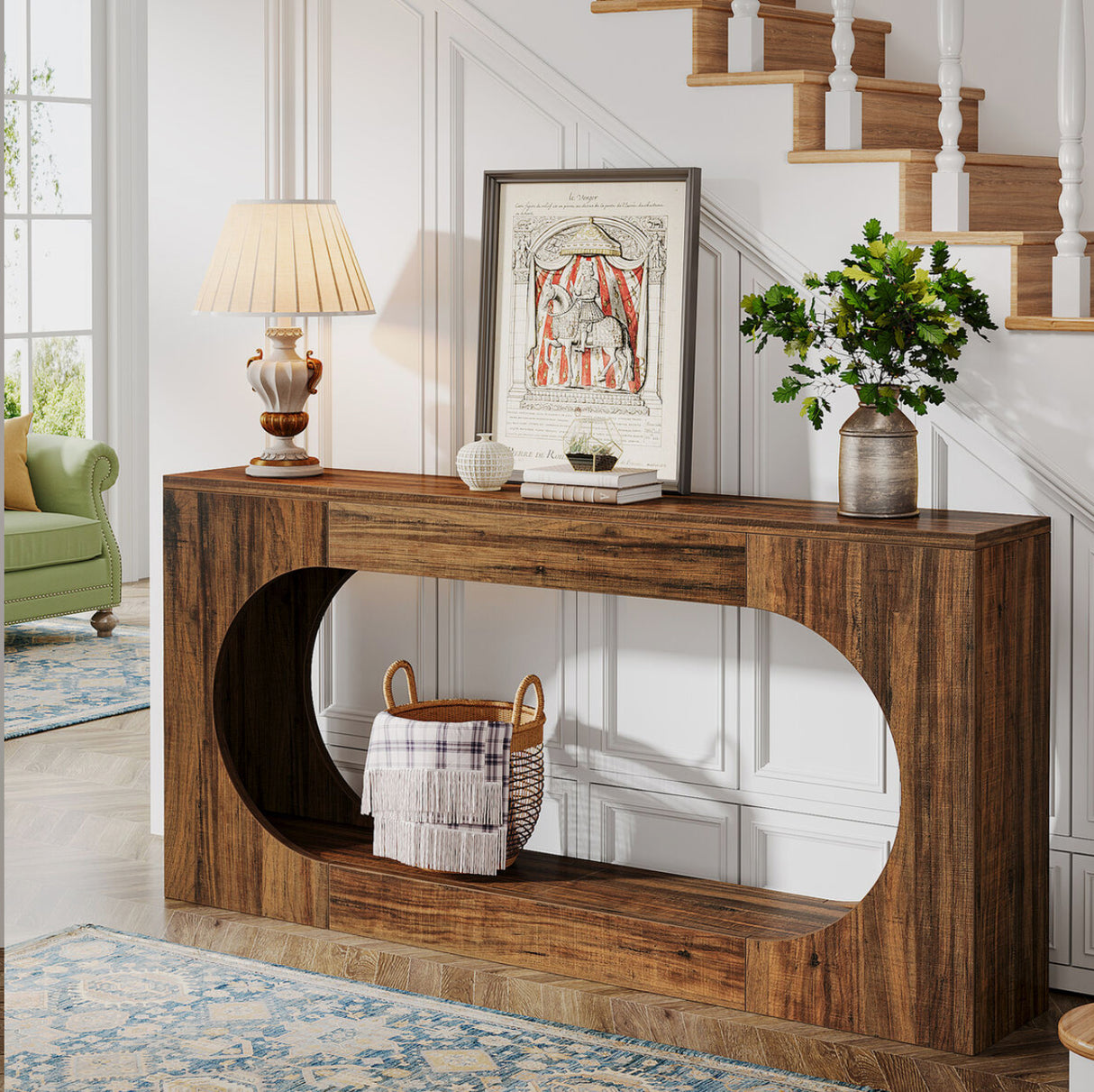 Wood Hallway Behind Couch Table Accent Table for Living Room, Rustic Brown