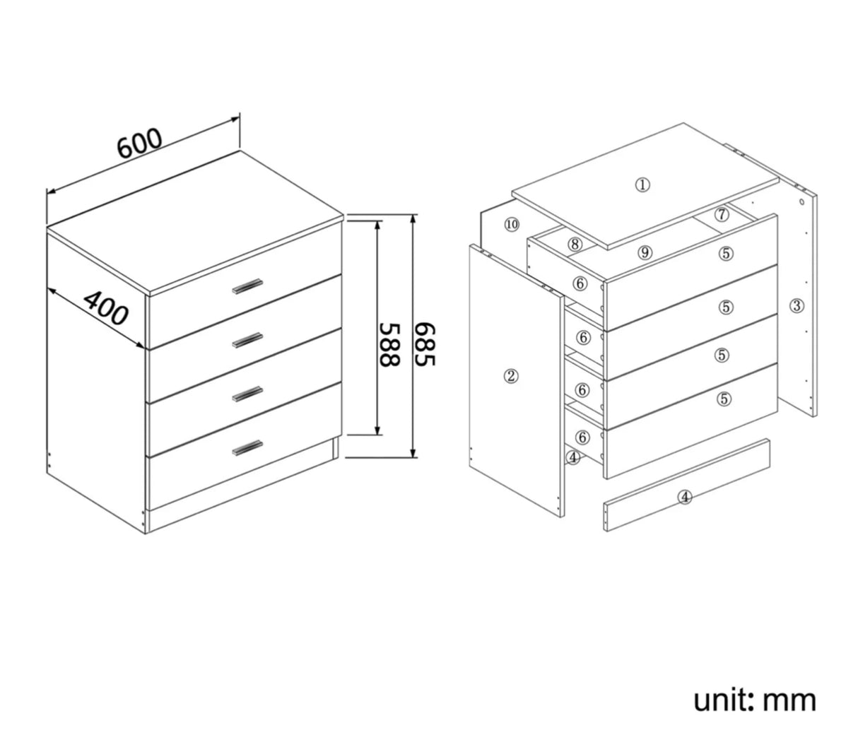 4 Chest of Drawers Cabinet Bedside Dresser Table Storage Gloss White