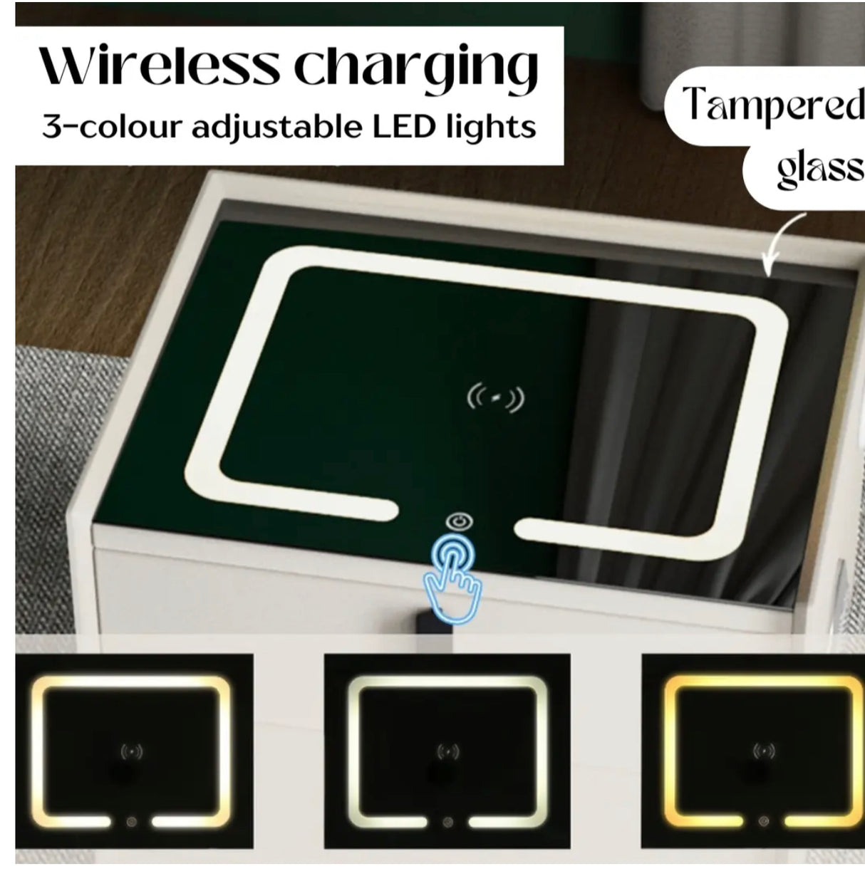 Smart Bedside Table 2 Drawers with Wireless Charging Ports LED Lights