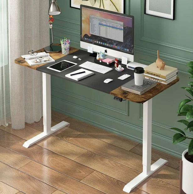 Electric Standing Desk Height Adjustable Motorised Sit Stand Desk 120cm Splice Board Home Office Workstation Black+Walnut Table Top+ White Frame