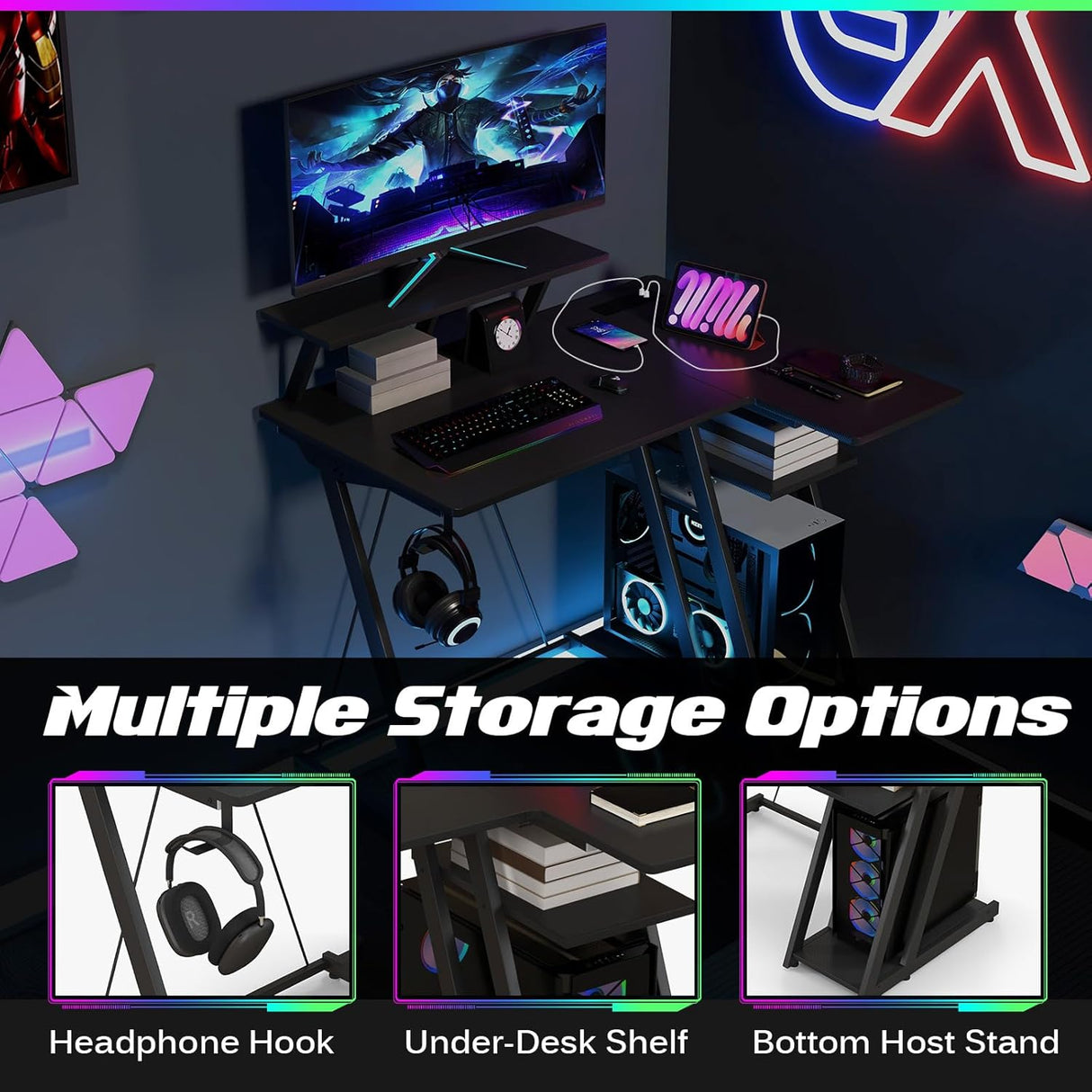 L-Shaped Gaming Desk with Outlets & USB Ports, Small Computer Desk with Monitor Shelf, Headphone Hook, Storage Shelf & Host Stand, Corner Gamer Desk with Carbon Fiber Texture