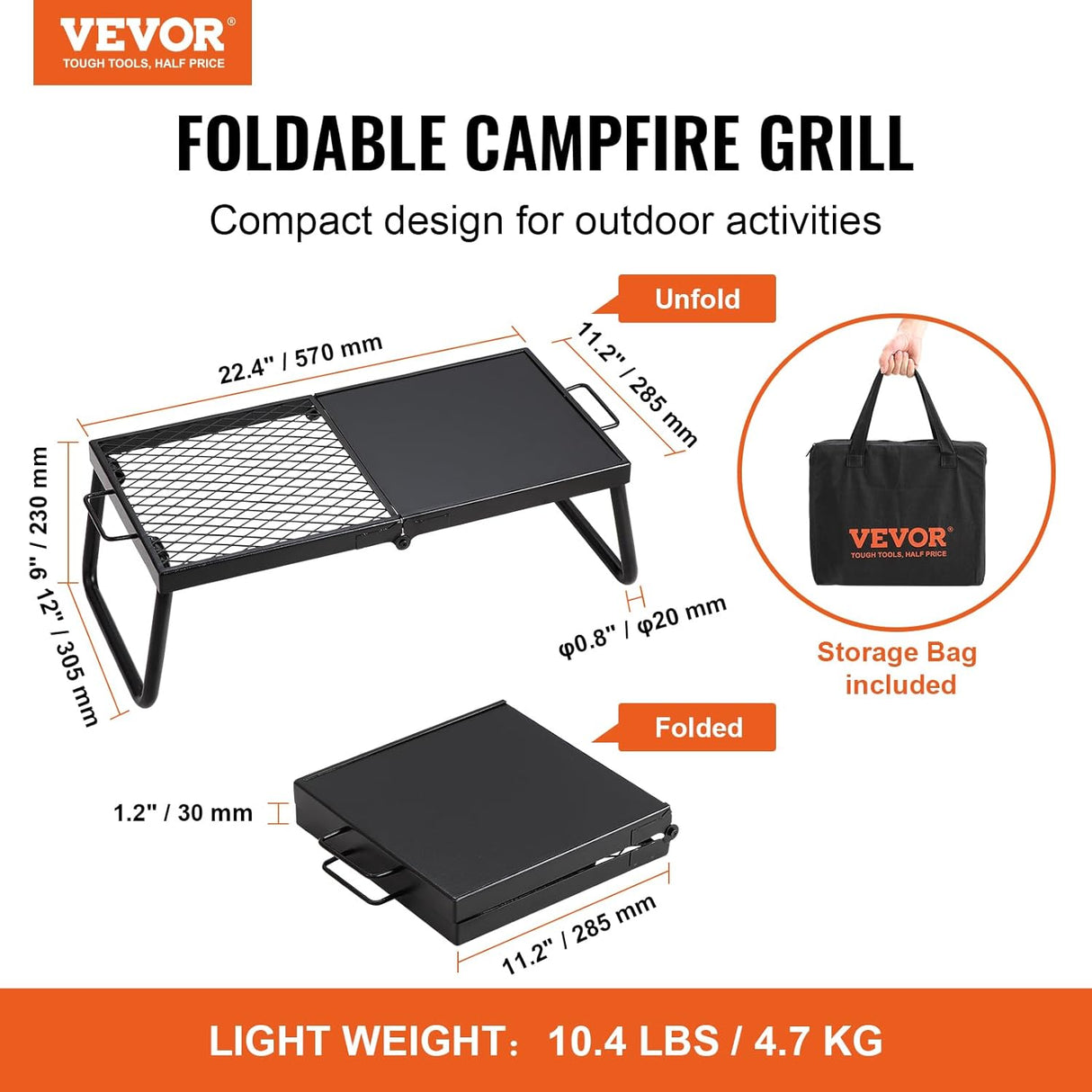 Folding Campfire Grill, Heavy Duty Steel Mesh Grate, 22.4" Portable Camping Grates Over Fire Pit, Camp Fire Cooking Equipment with Legs Carrying Bag, Grilling Rack for Outdoor Open Flame Cooking