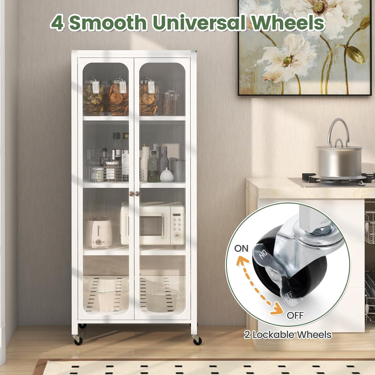 Glass Doors Storage Cabinet w/Wheels, Mobile 2 Doors Food Pantry Cupboard Cabinet, Bookcase Bookshelf w/Adjustable Shelves, Kitchen Sideboard Bathroom Cabinet for Dining Room, Living Room