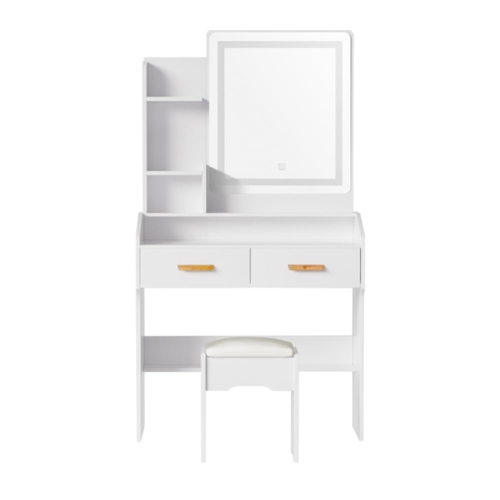 Dressing Table, LED Mirror Makeup Stool Set Wooden Vanity Desk Chair, Home Bedroom Furniture Girls Kids Women Organisers, Drawers Shelves Wide Tabletop White