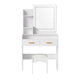 Dressing Table, LED Mirror Makeup Stool Set Wooden Vanity Desk Chair, Home Bedroom Furniture Girls Kids Women Organisers, Drawers Shelves Wide Tabletop White