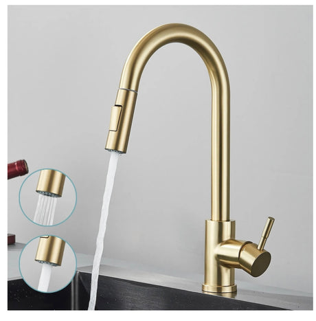 Brushed Gold WELS Kitchen Mixer Tap Sink Pull-Out Faucet 360° Swivel Spout AUS