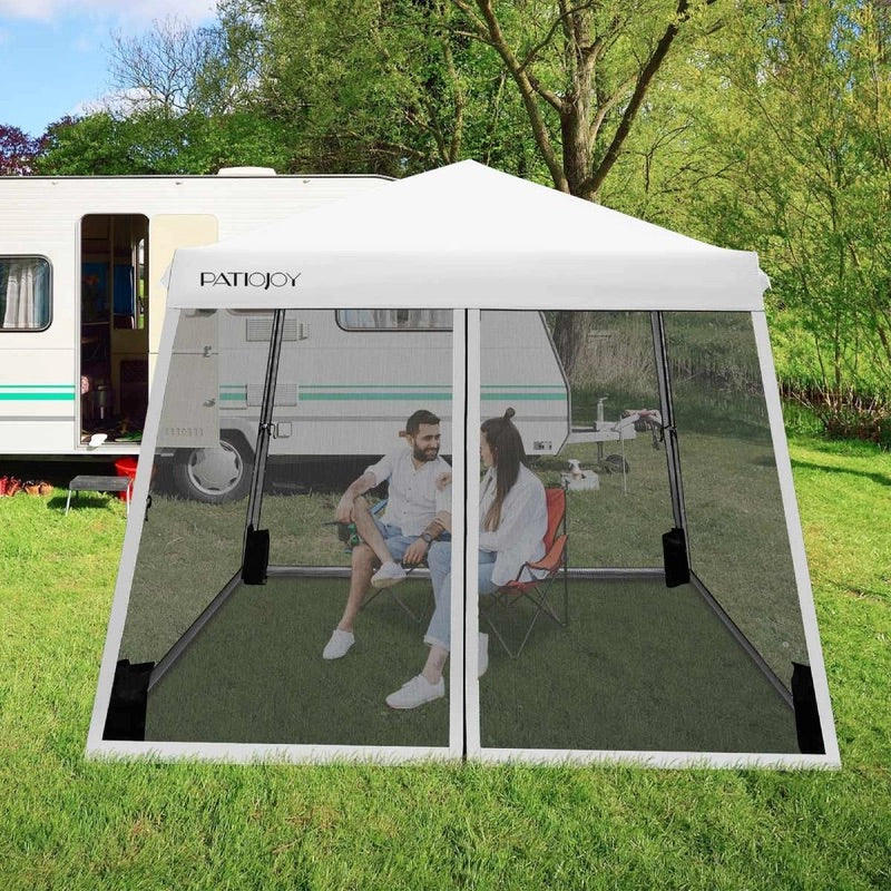 Folding Canopy Sun Shelter Tent w/Mesh Sidewalls Outdoor Picnic Camping White