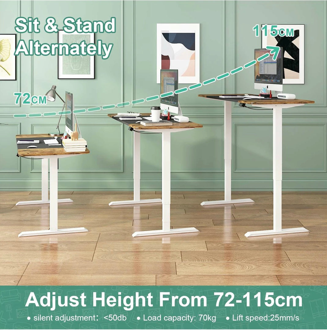 Electric Standing Desk Height Adjustable Motorised Sit Stand Desk 120cm Splice Board Home Office Workstation Black+Walnut Table Top+ White Frame