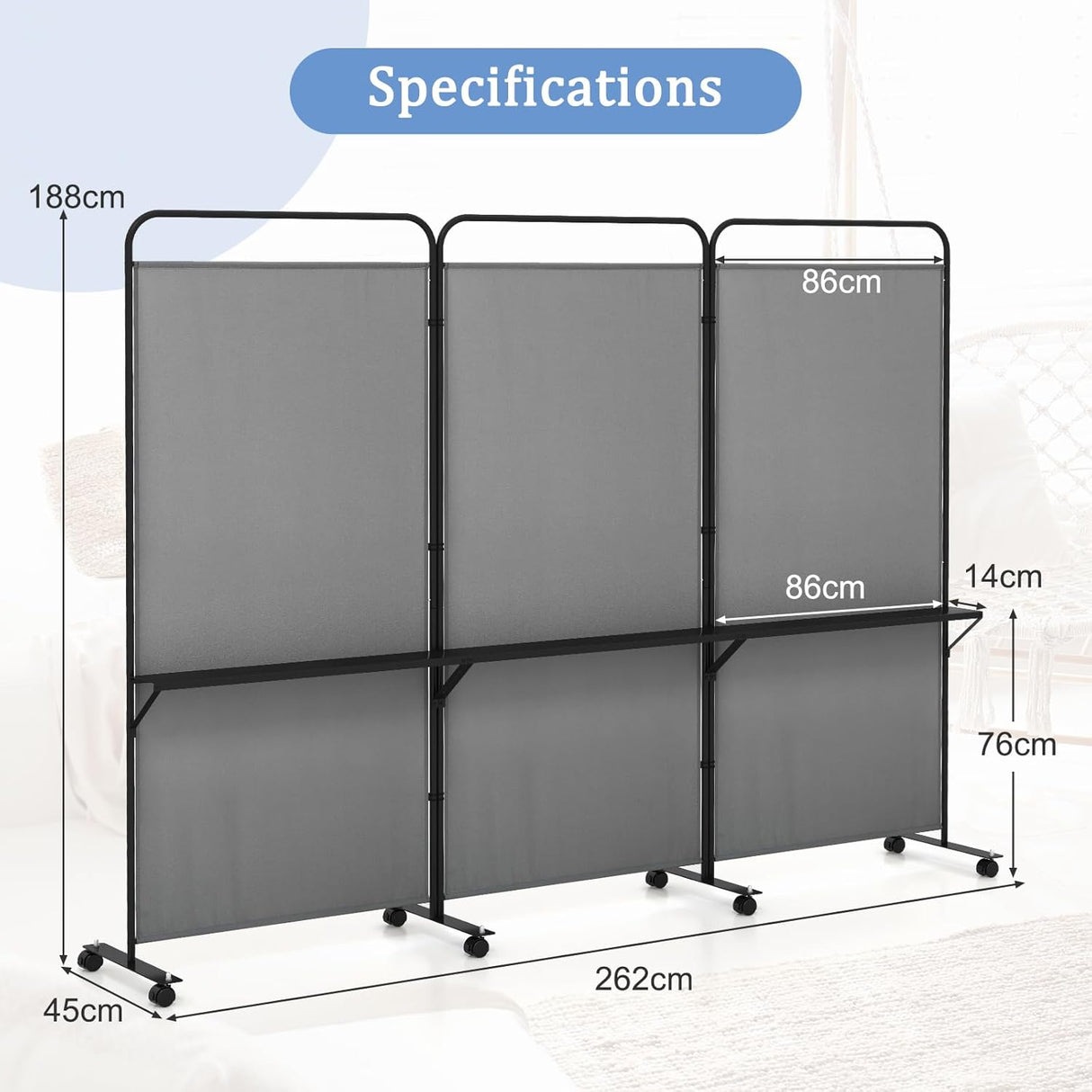 3-Panel Folding Room Divider, 188cm Rolling Privacy Screen w/ 3 Metal Shelves, Lockable Wheels, Portable Wall Divider Separator, Freestanding Privacy Protection for Living Room