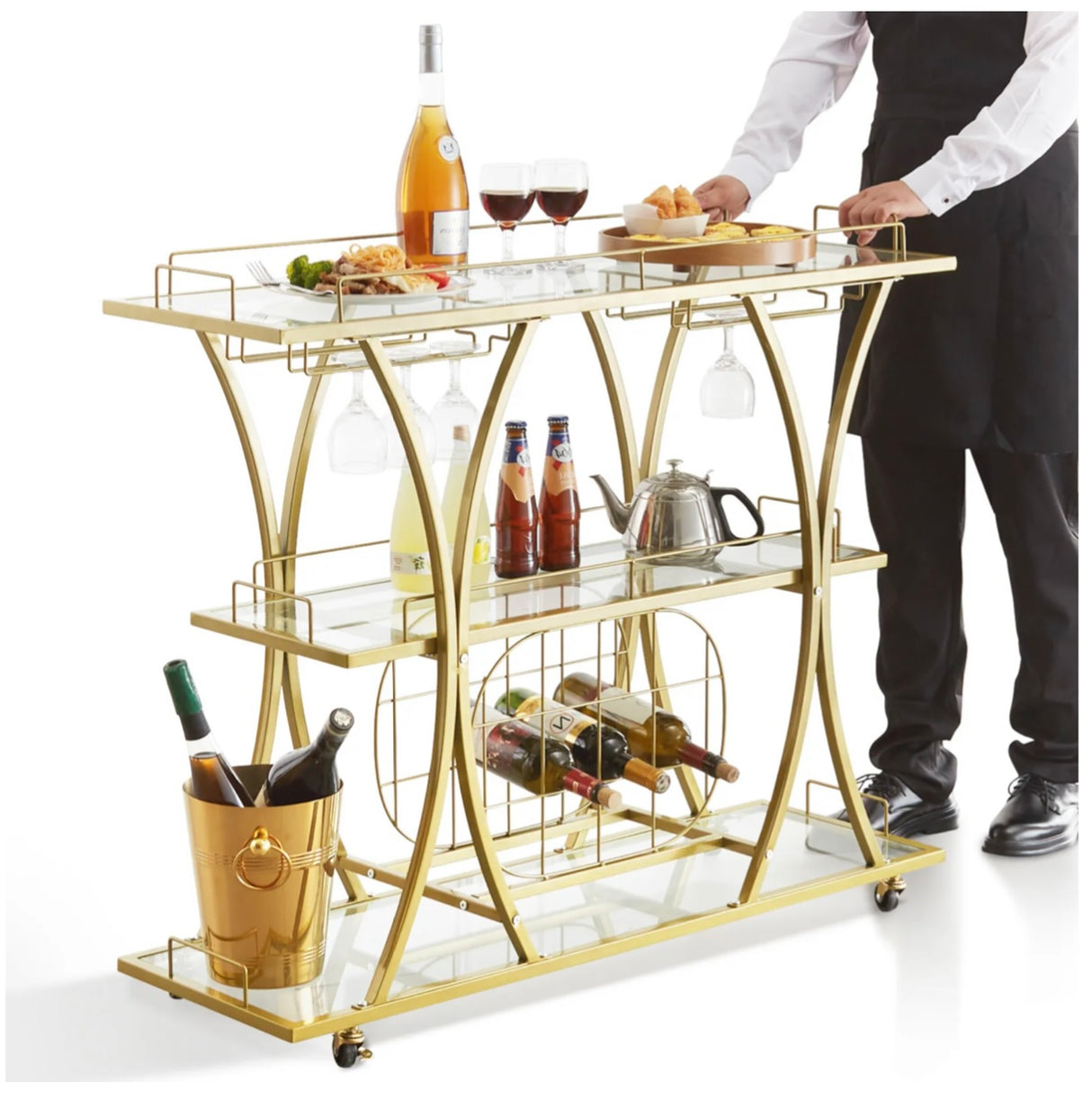 3 Tiers Gold Metal Bar Serving Cart with Wine Rack Glass Holder 180 LBS