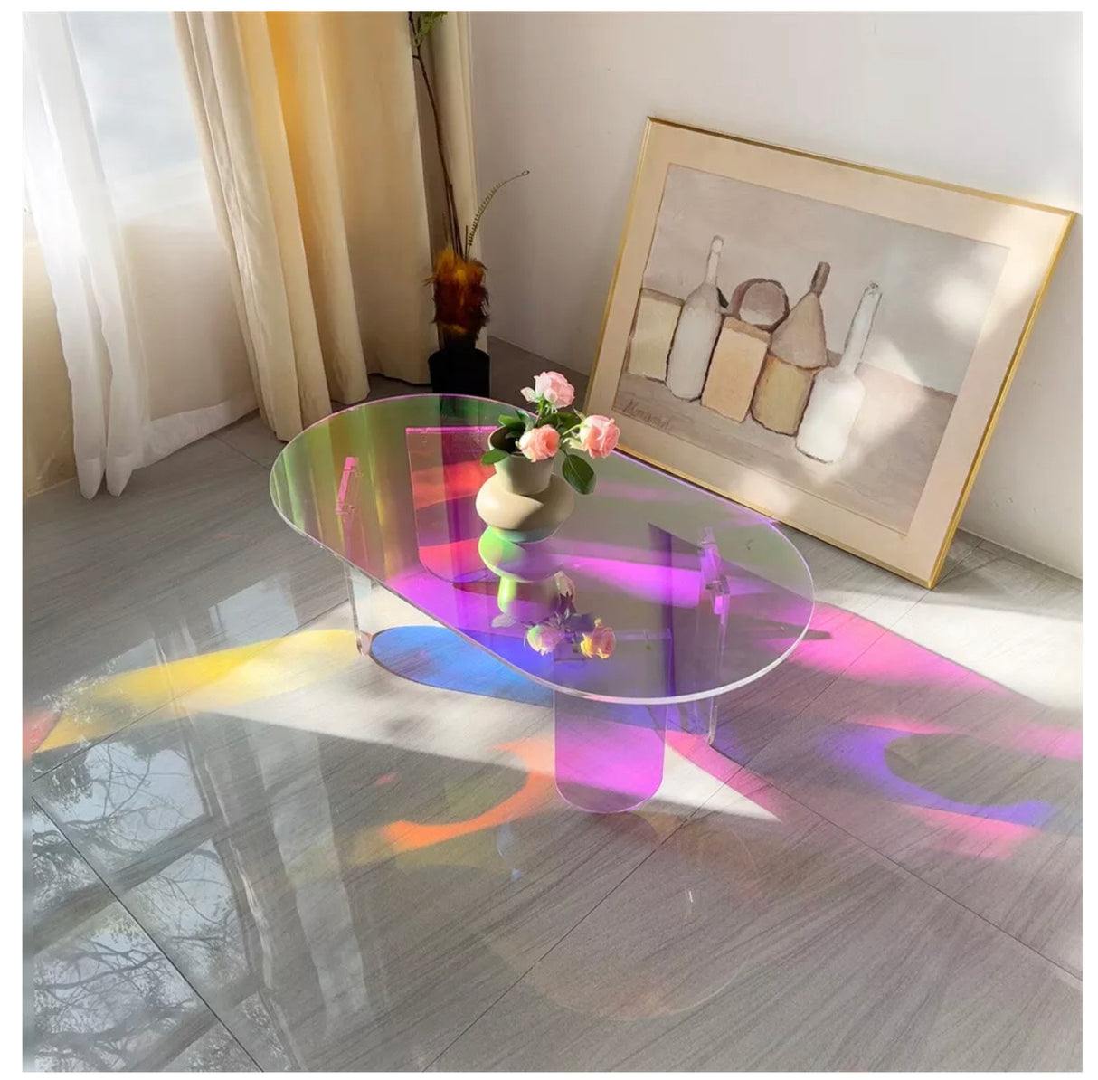 Acrylic Coffee Table Iridescent Oval Side End Table Living Room Office Reception