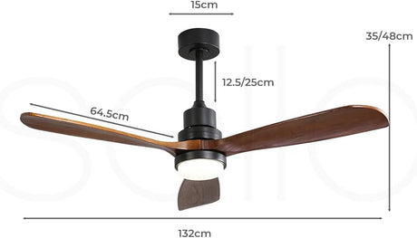 52'' Wood Ceiling Fan DC Motor with LED Light Remote Control 5 Speed 3 Natural Walnut Blades 12.5cm/25cm Down Rod 3 Lighting Color White