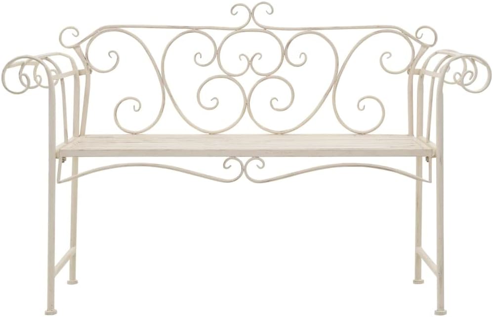 Elegant Vintage-Style Metal Garden Bench in Antique White