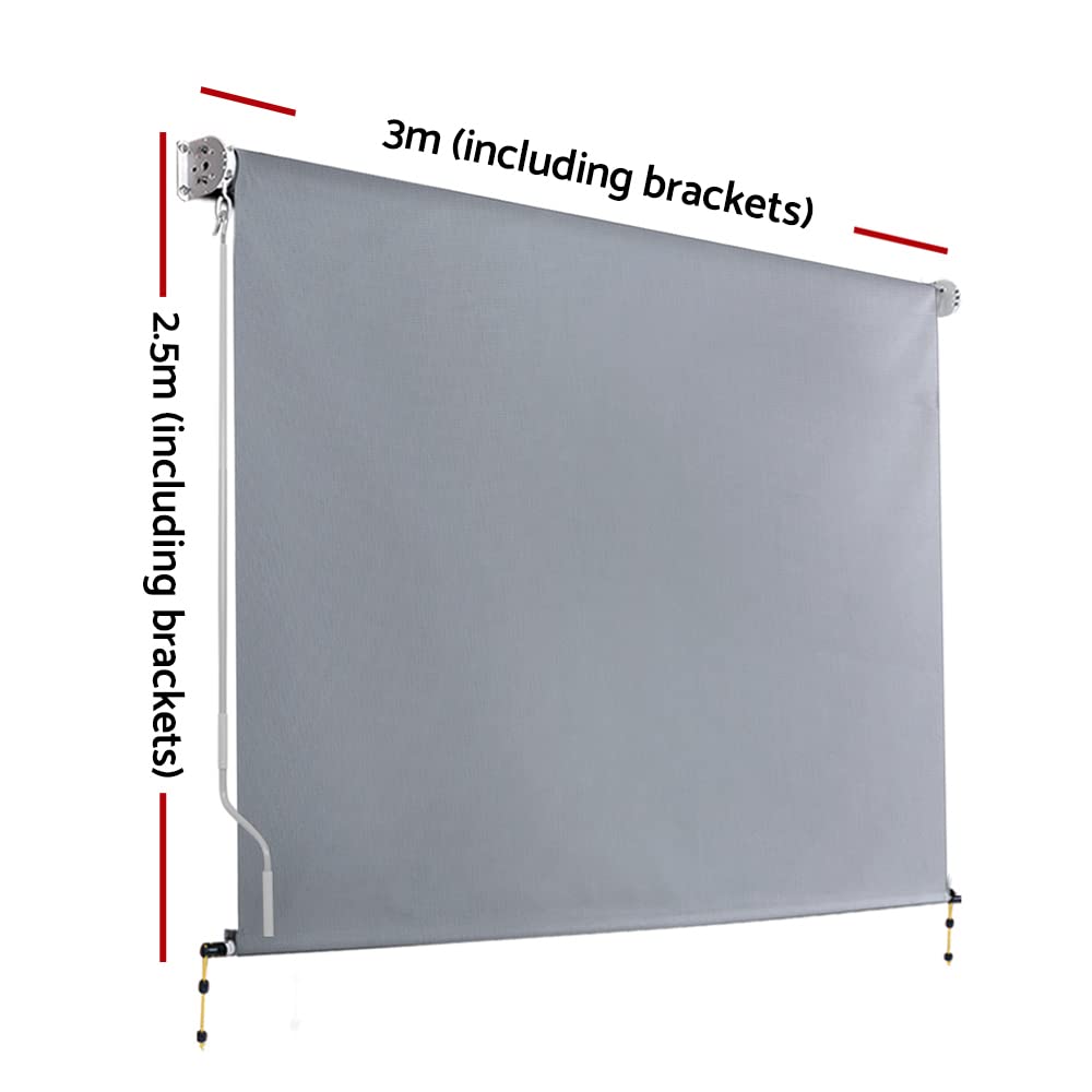 Outdoor Blinds, 3 x 2.5m Roller Blind Window Retractable Awning Sun Shade Sail Insulation Balcony Privacy Screen Sunscreen Indoor Bedroom Kitchen Garden Patio Car, with Bracket Grey