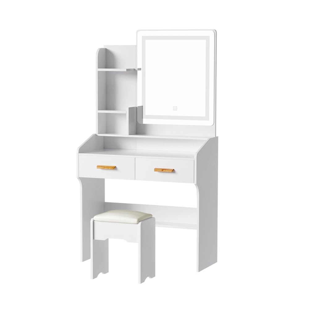 Dressing Table, LED Mirror Makeup Stool Set Wooden Vanity Desk Chair, Home Bedroom Furniture Girls Kids Women Organisers, Drawers Shelves Wide Tabletop White