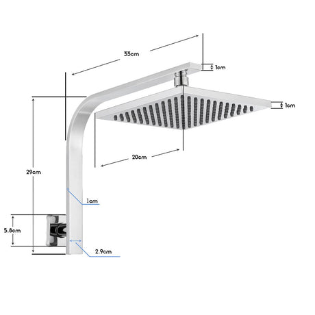 WELS Gooseneck Shower Wall Arm with 8" Square Rain Shower Head Set Brass