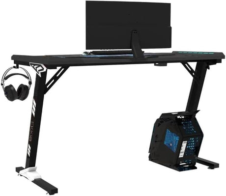 Ekkio RGB Light Gaming Desk Z Shaped with Cup Holder Headphone Holder, Ergonomic, Workstation Computer Desk Carbon Fibre Textured, Stable Structured Frame, Anti-Slip Foot Pad (Black, 100 * 60 * 73cm)