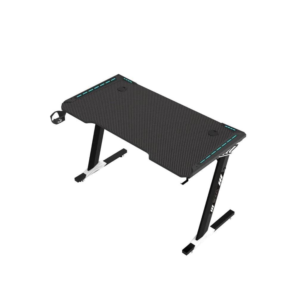 Ekkio RGB Light Gaming Desk Z Shaped with Cup Holder Headphone Holder, Ergonomic, Workstation Computer Desk Carbon Fibre Textured, Stable Structured Frame, Anti-Slip Foot Pad (Black, 100 * 60 * 73cm)