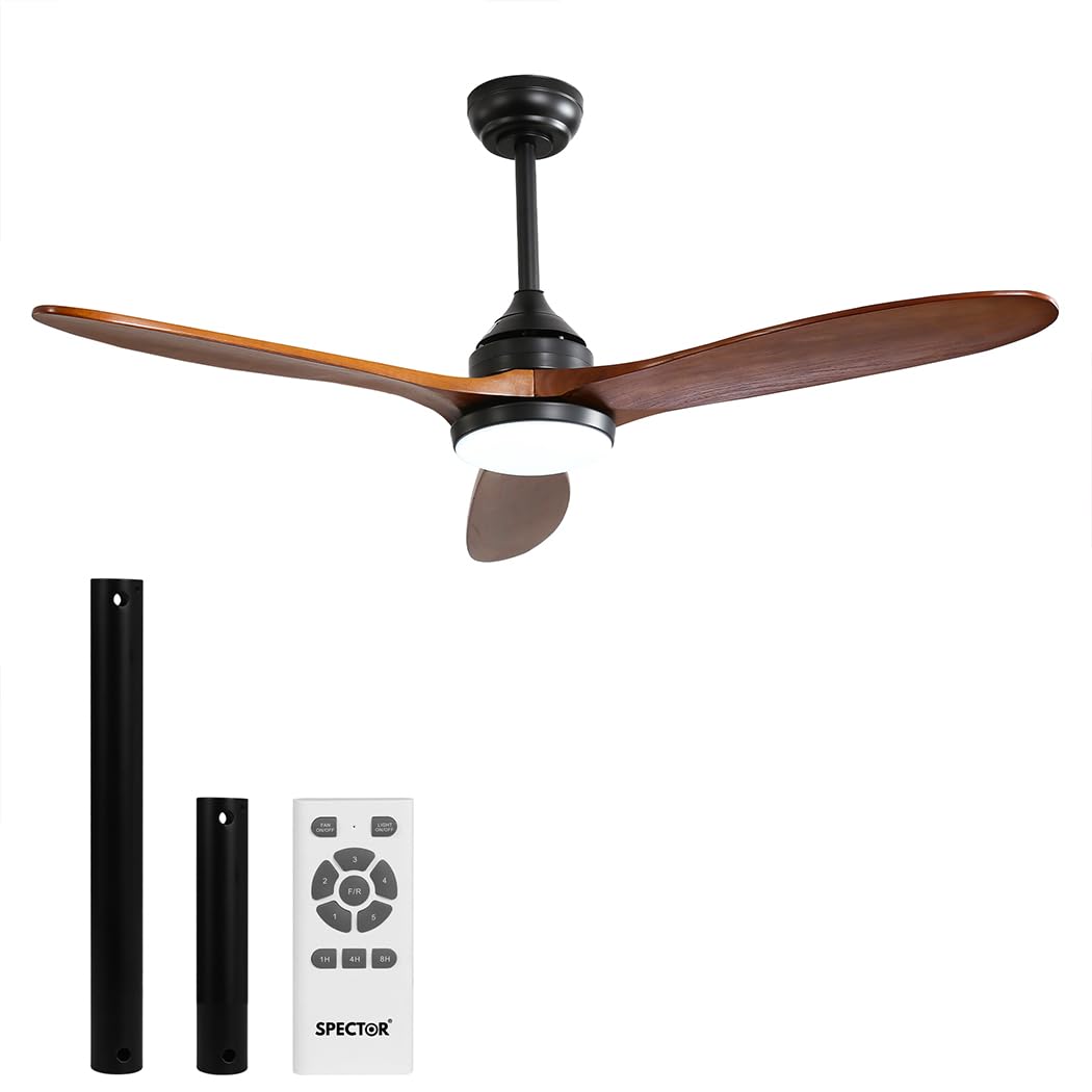 Spector 52'' Ceiling Fan DC Motor LED Light Remote Control 1300mm 5 Speed Walnut Wood Blade Reversible Airflow for Summer Winter 3 Lighting Mode Brown