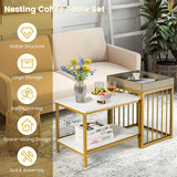 Nesting Coffee Table Set of 2, Faux Marble Coffee End Table Set with Top Tray & Steel Frame, Accent Couch Snack Table for Small Space, Nightstand Side Table Set for Living Room Bedroom & Study