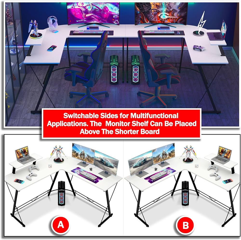 L Shaped Gaming Desk Computer Corner Desk PC Gaming Desk Table with Large Monitor Riser Stand for Ho