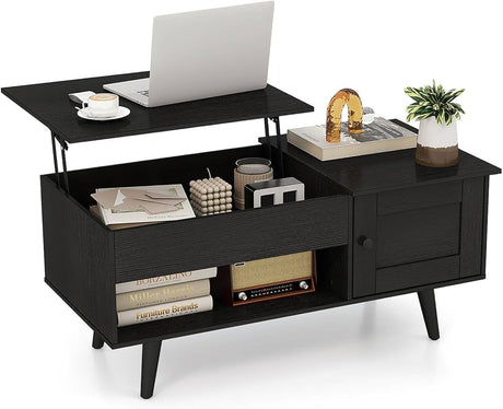 Lift Top Coffee Table with Storage, Living Room Table with Hidden Compartment, Cabinet & Open Shelf, Flip Top Center Table, Pull up Coffee Table for Home, Office