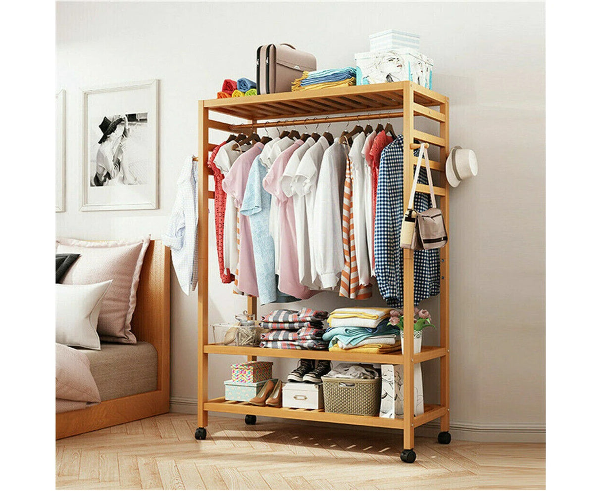 Heavy Duty Wooden Clothes Rail Rack Garment Stand Corner Open Wardrobe w/ Wheels